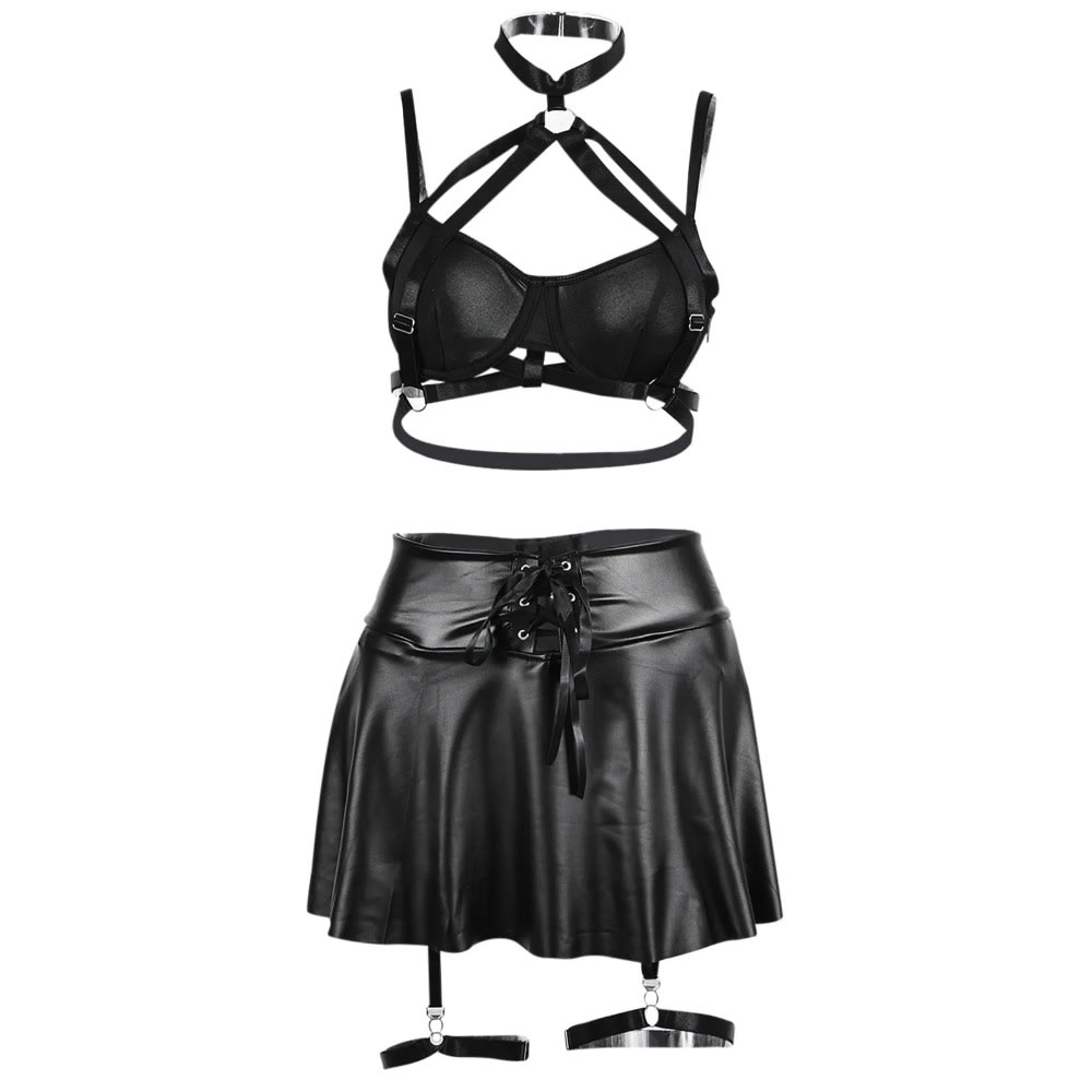 Latex Leather Erotic Lingerie Set Bra, Skirt, Garter - Women's Nightclub Wear